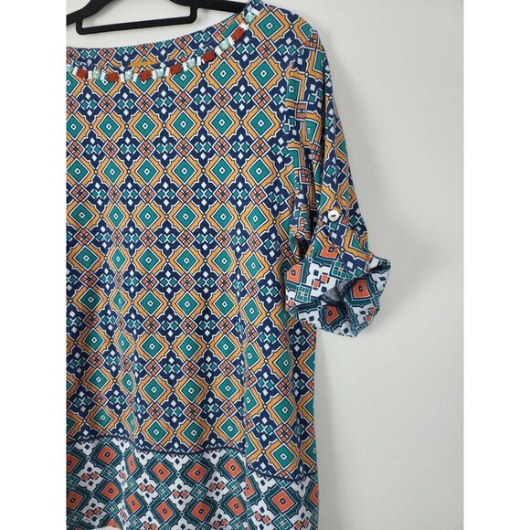 Ruby Rd Top L Womens Multicolor Crew Neck 1/2 Roll Tab Sleeve Geometric Pullover - Picture 4 of 9